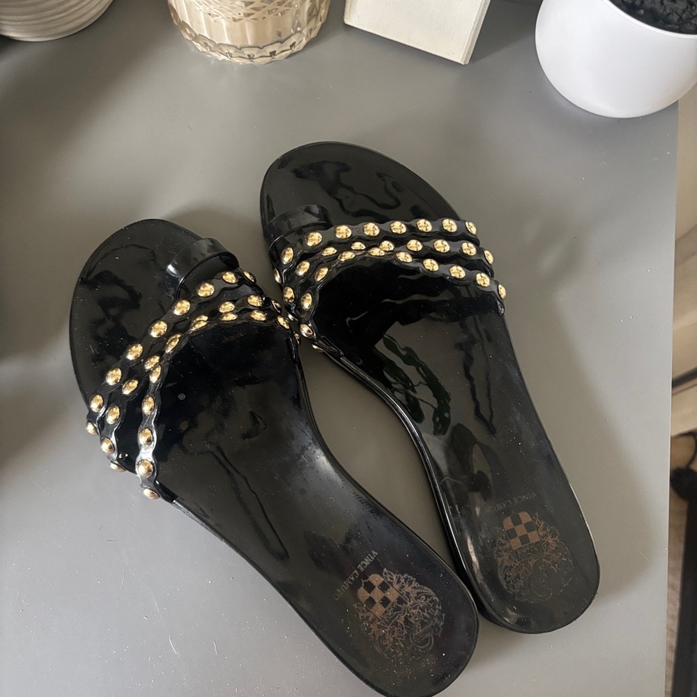 Vince Camuto Black Patent Slide Sandals with Gold Stud Detail